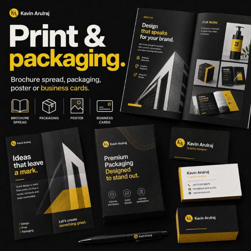 Print and packaging work — brochure spreads, packaging and business cards